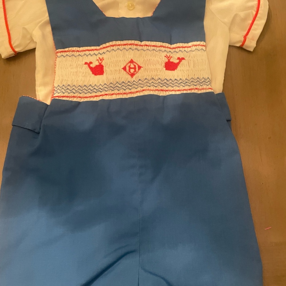 Chocolate Soup Blue and Red Smocked Baby Romper sz 2